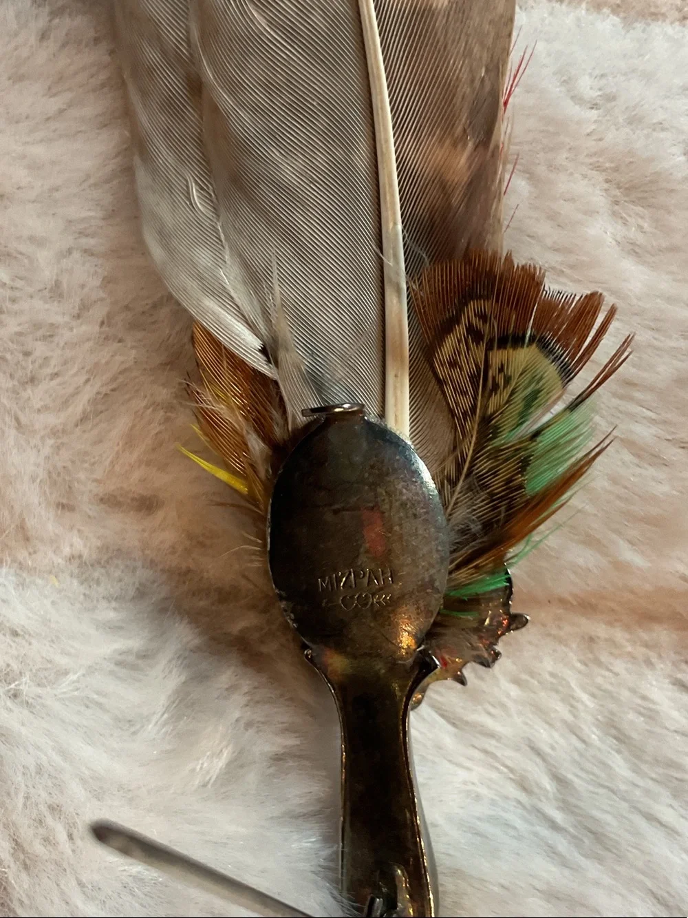 Feather Cluster Brooch with Green, Orange & Red Accents